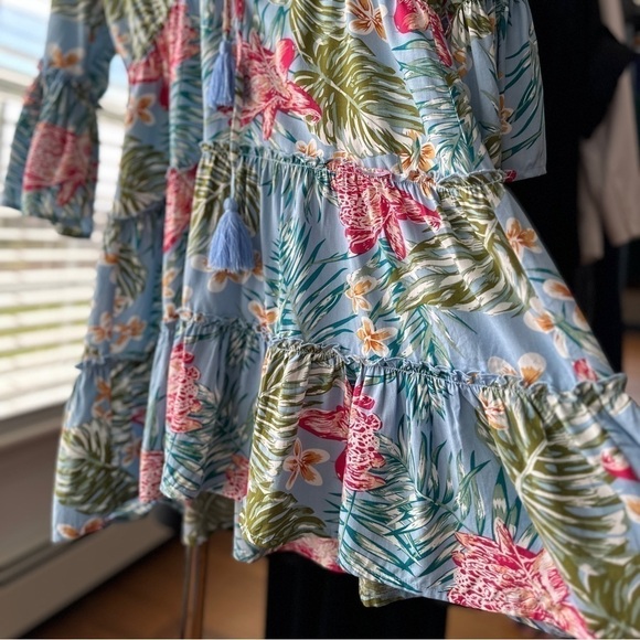 Blue  Island swim coverup or beach dress, 3/4 length sleeves, ruffled - Picture 9 of 11